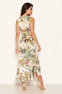 Cream Floral Sleeveless Maxi Dress with Belt