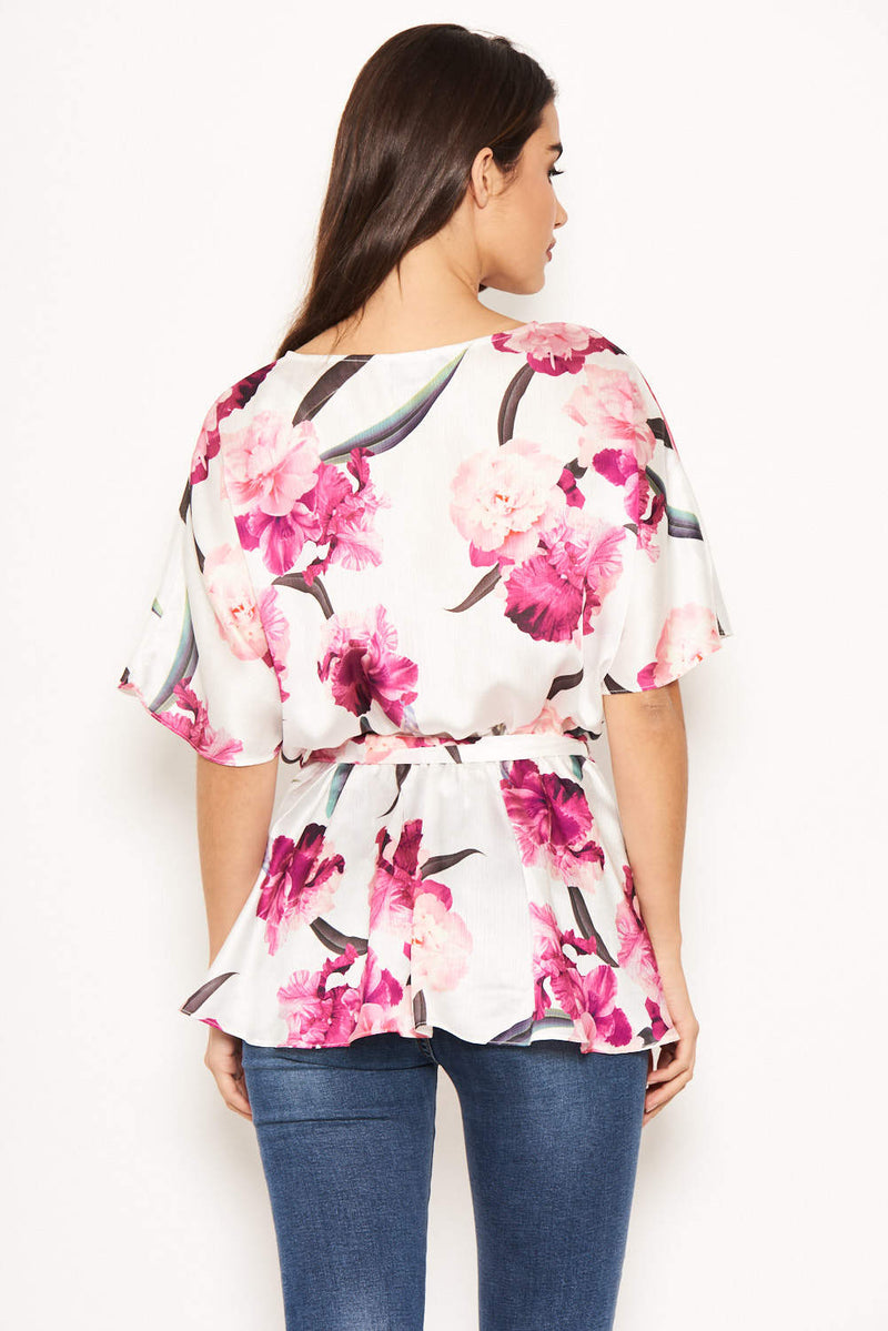 Cream Floral Tie Belt Top