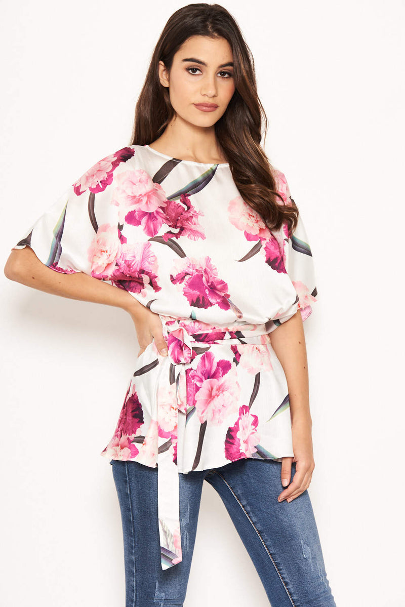 Cream Floral Tie Belt Top