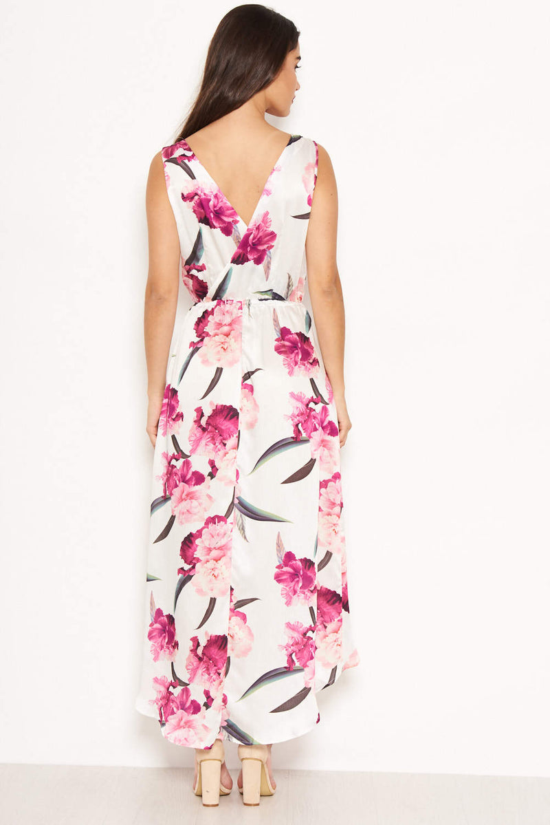 Cream Floral V Neck Maxi Dress