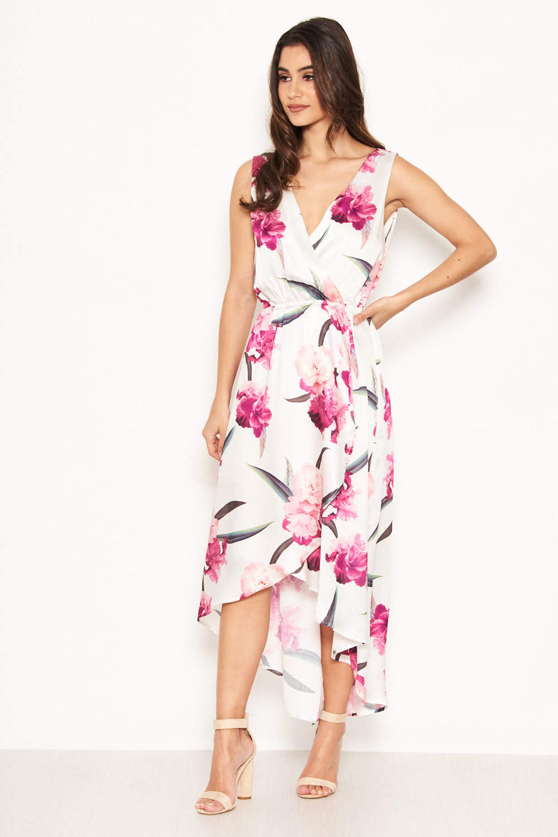 Cream Floral V Neck Maxi Dress