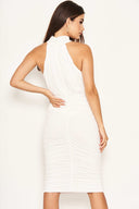 Cream High Neck Ruched Dress