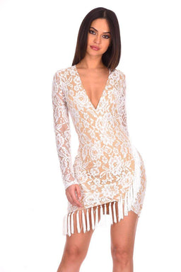 Cream Lace Sleeved Bodycon Dress