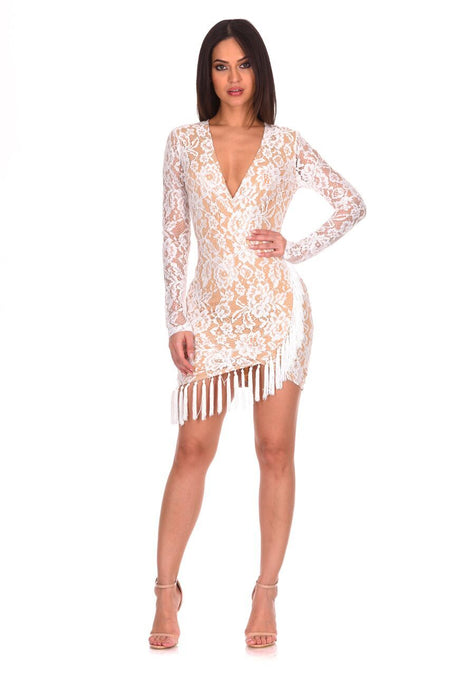 Cream Lace Sleeved Bodycon Dress