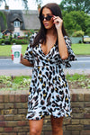 Cream Leopard Print Frill Wrap Dress