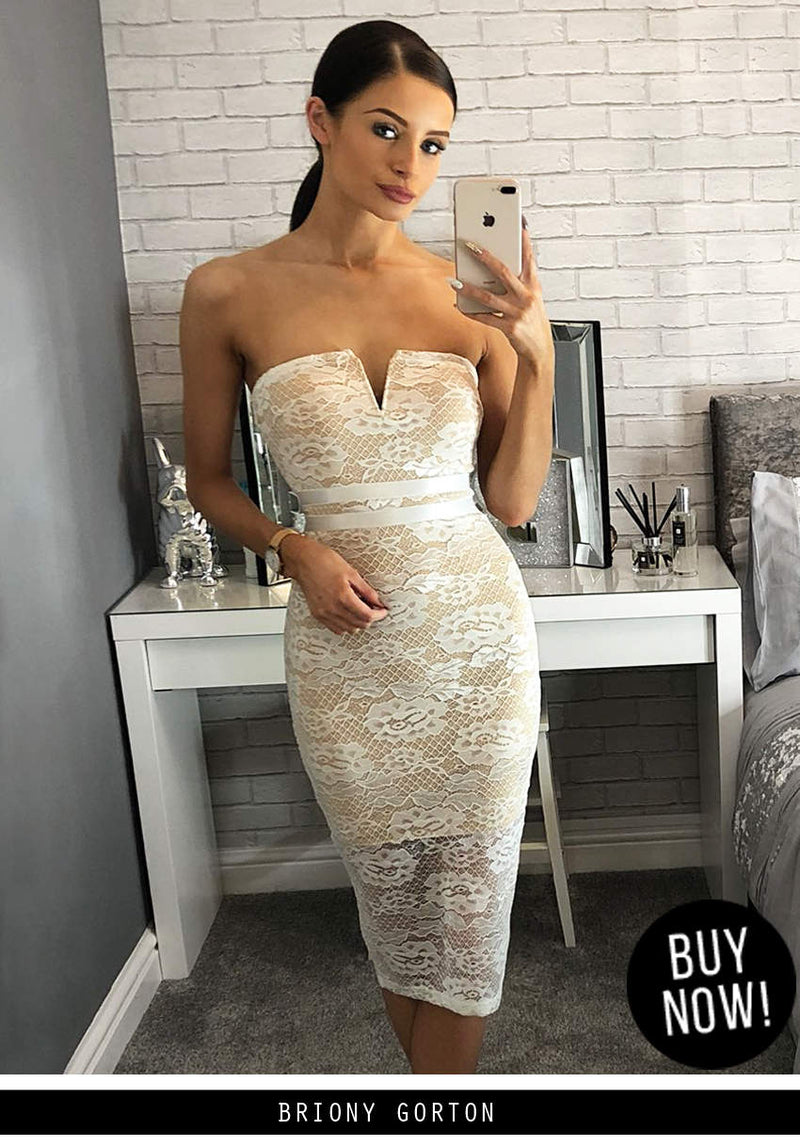 Cream Notch Front Lace Bodycon Midi Dress AX Paris Cream Notch Front Lace Bodycon Midi Dress AX Paris