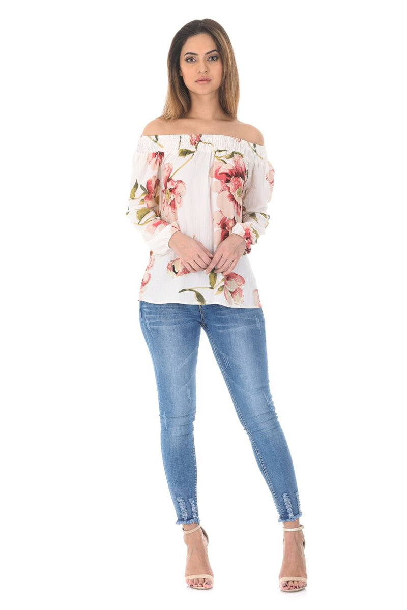 Cream Off The Shoulder Floral Top With Elastic Shoulder Detail