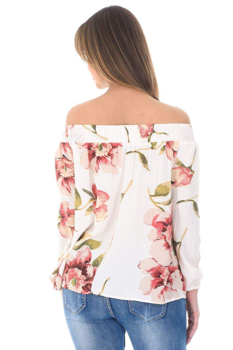 Cream Off The Shoulder Floral Top With Elastic Shoulder Detail