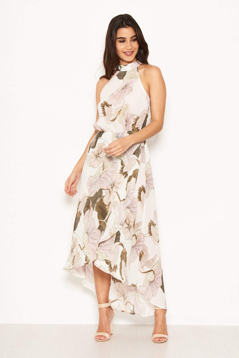 Cream Pleated Halterneck Maxi Dress