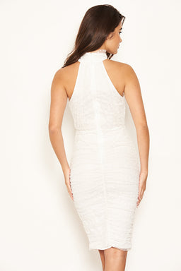 Cream Polka Dot Mesh High Neck Ruched Dress