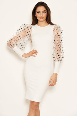 Cream Polka Dot Puff Sleeve Midi Dress