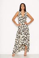 Cream Animal Print Asymmetrical Frill Dress