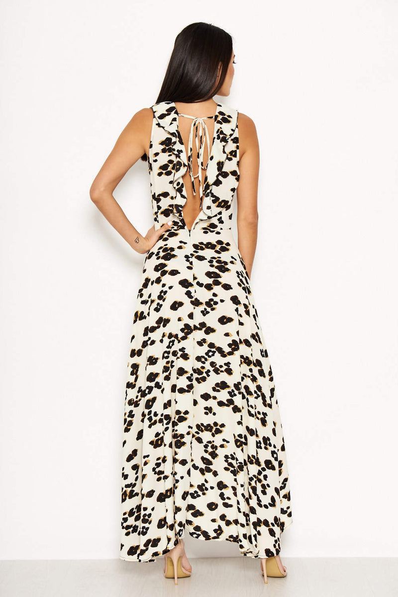 Cream Animal Print Asymmetrical Frill Dress