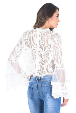 Cream Sheer Lace Long Sleeve Top