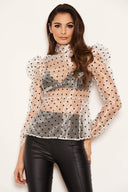 Cream Sheer Polka Dot Puff Sleeve Top