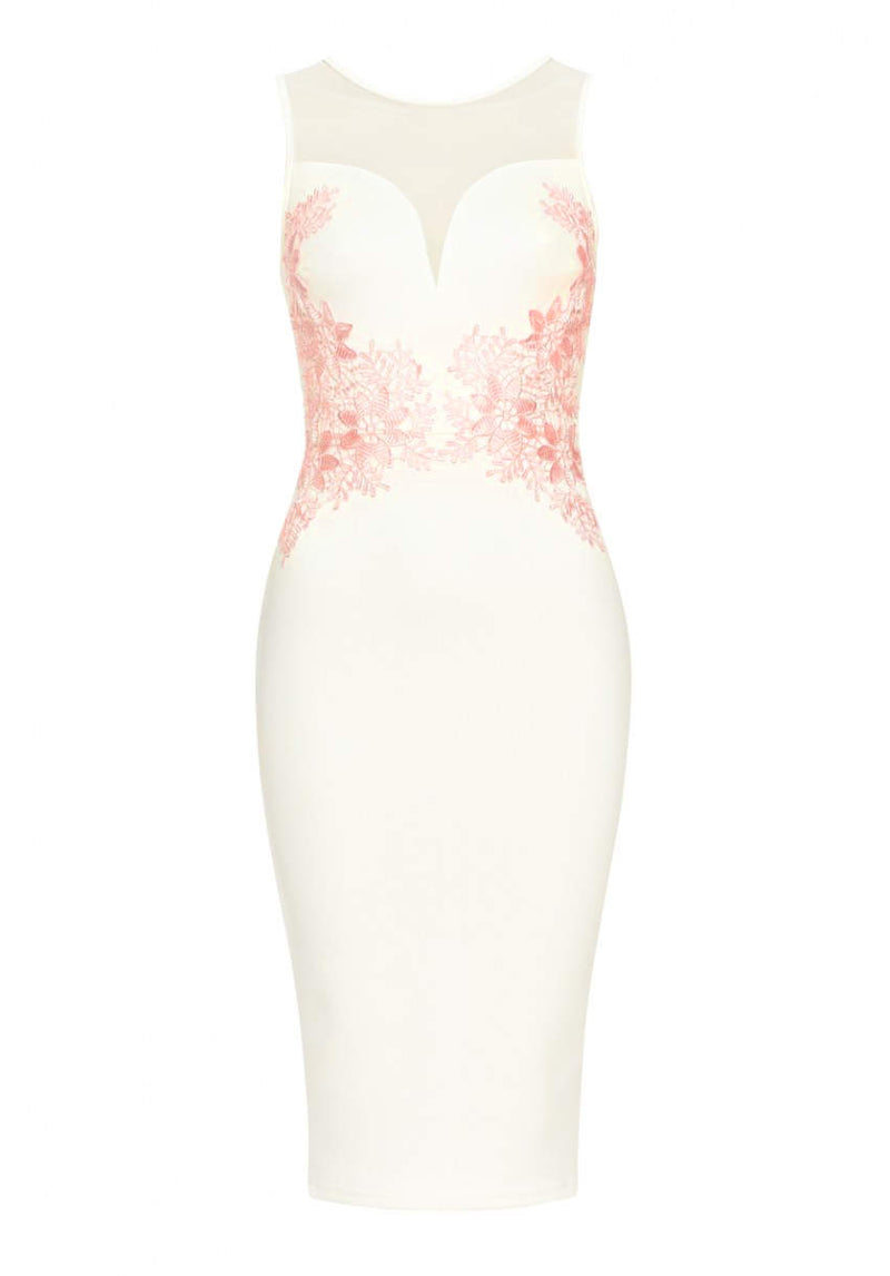 Cream Sheer Top Bodycon With Lace Detail