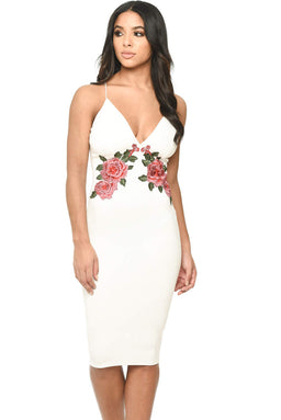 Cream Strappy Embroidered Bodycon Midi Dress