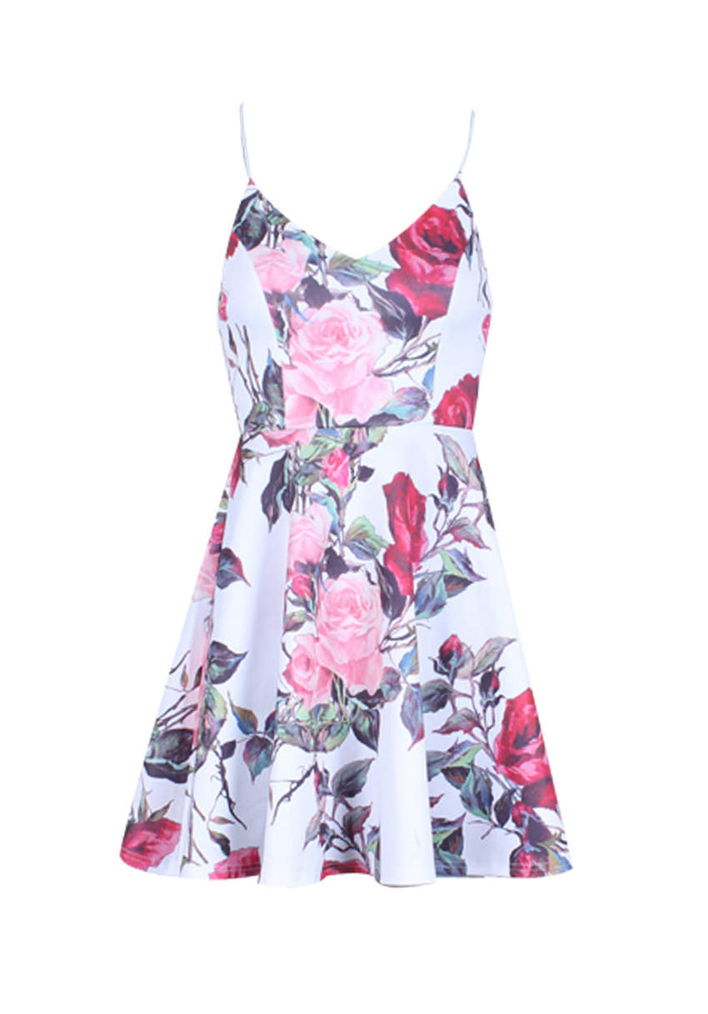 Cream Strappy Floral V-Neck Skater Dress