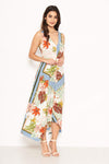 Cream Tropical V Neck Maxi Dress