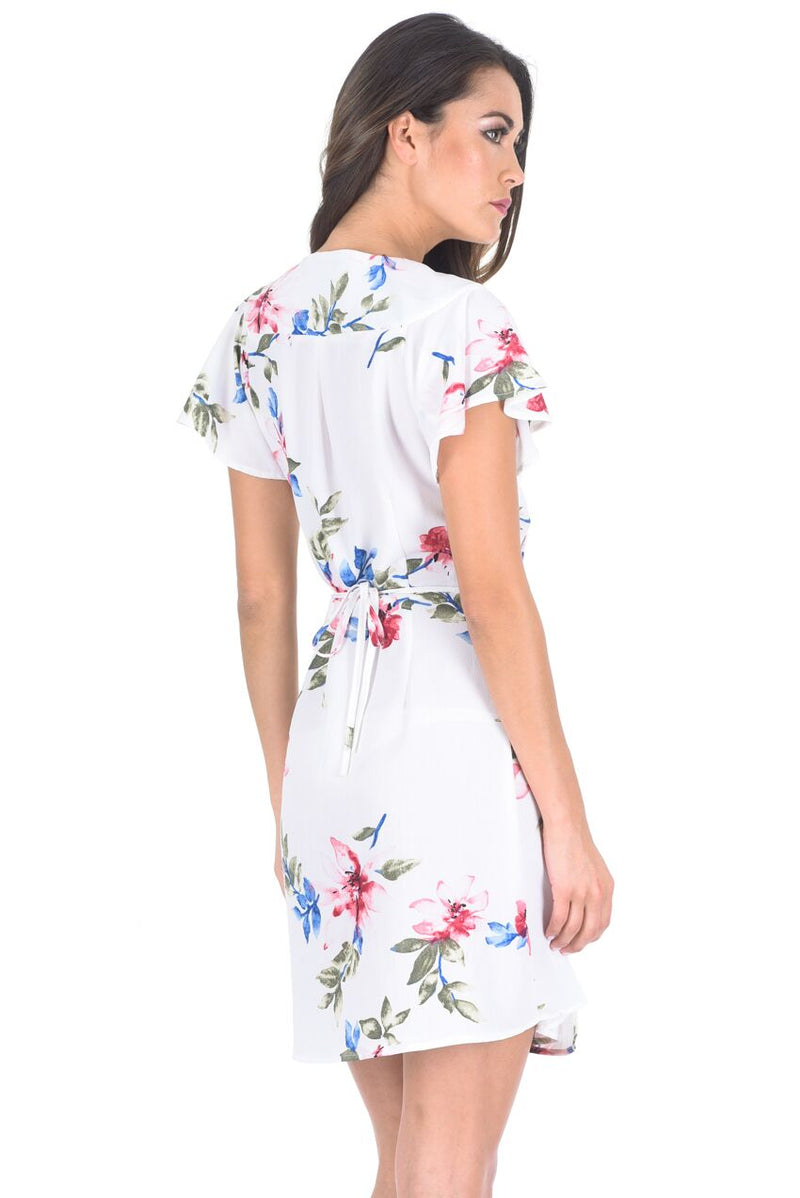 Cream Wrap Front Floral Skater Dress