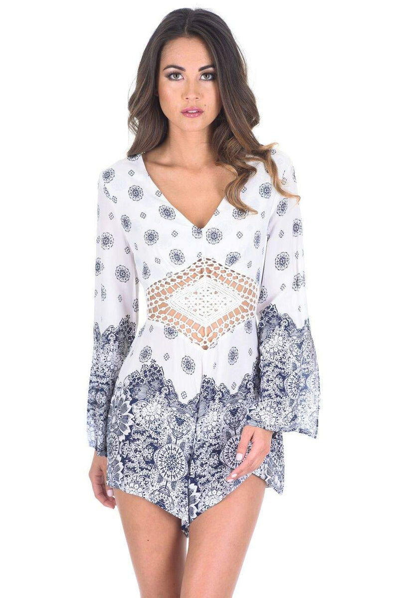 Cream and Blue Crochet Middle Playsuit