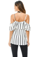 Cream Striped Cold Shoulder Frill Top