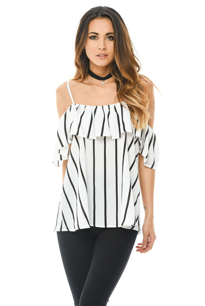 Cream Striped Cold Shoulder Frill Top