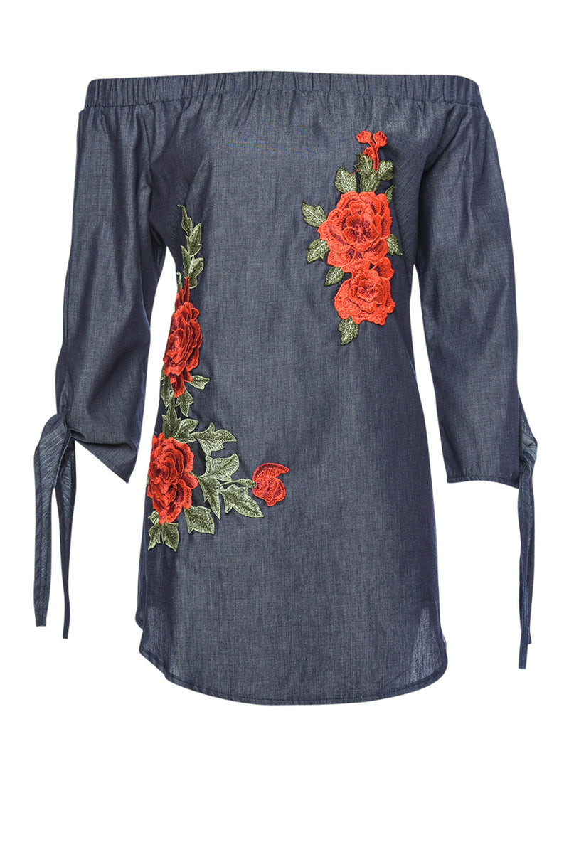 Off The Shoulder Denim Embroidered Dress