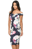 Off The Shoulder Navy Floral Print Bodycon Dress