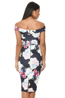 Off The Shoulder Navy Floral Print Bodycon Dress