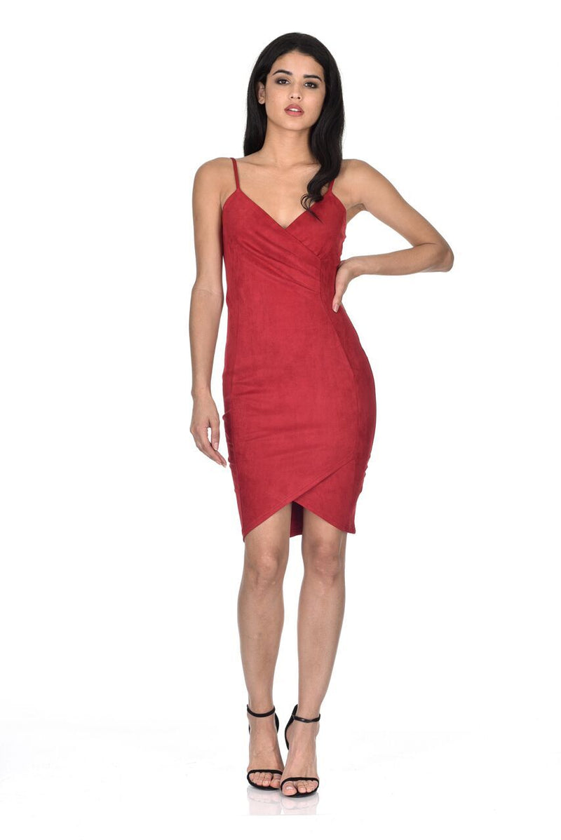 Red Wrap Front Suede Dress