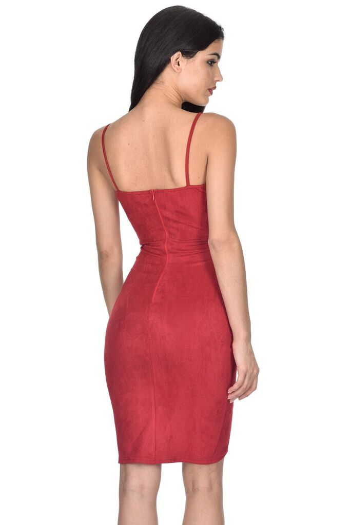 red suede bodycon dress V Neck Suede Bodycon Dress Red