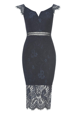 Navy Lace Bodycon Dress With Notch Front