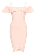 Pink Bodycon Midi Dress Featuring A Bardot Frill