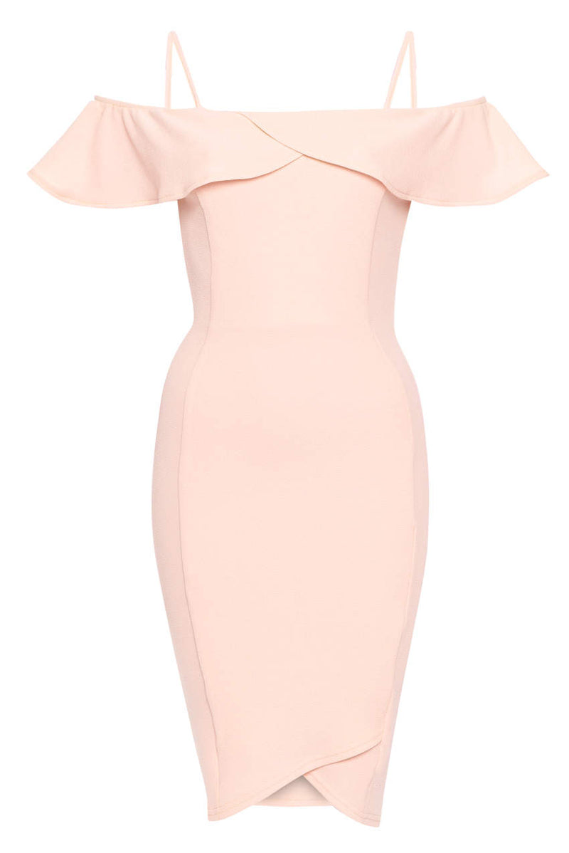 Pink Bodycon Midi Dress Featuring A Bardot Frill