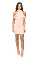 Pink High Neck Cold Shoulder Bodycon Dress With Frilled Detail