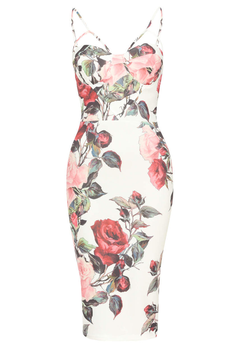 cream floral bodycon dress Cotton Candy LA Early Spring Cream Floral Ruched Drawstring Bodycon Dress - Size M - Polyester - Square Neckline - Cap Sleeves