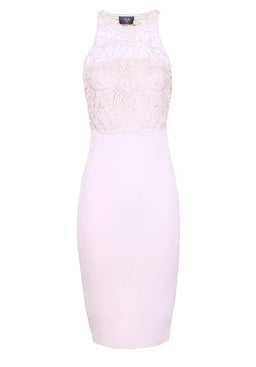 Pink High Neck Midi Length Bodycon Crochet Dress