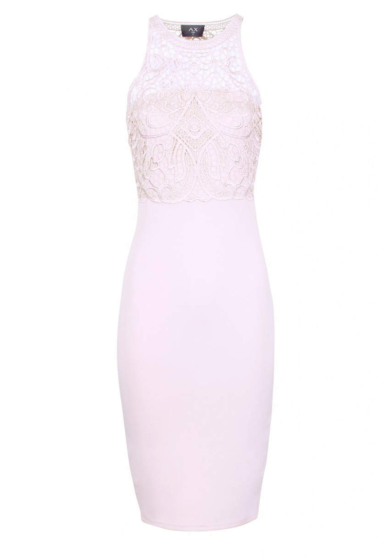 Pink High Neck Midi Length Bodycon Crochet Dress