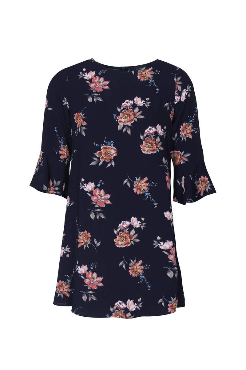 Navy Frill Sleeve Floral Printed Dress