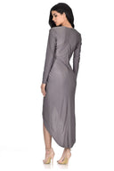 Grey Slinky Wrap Front Maxi Dress
