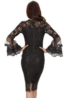 Black Lace Frill Sleeve Midi Dress