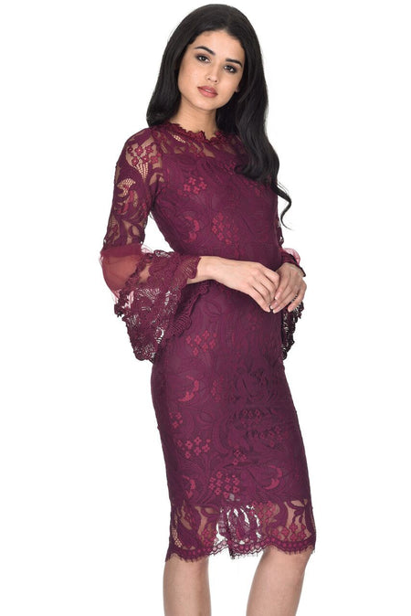 Plum Lace Frill Sleeve Midi Dress