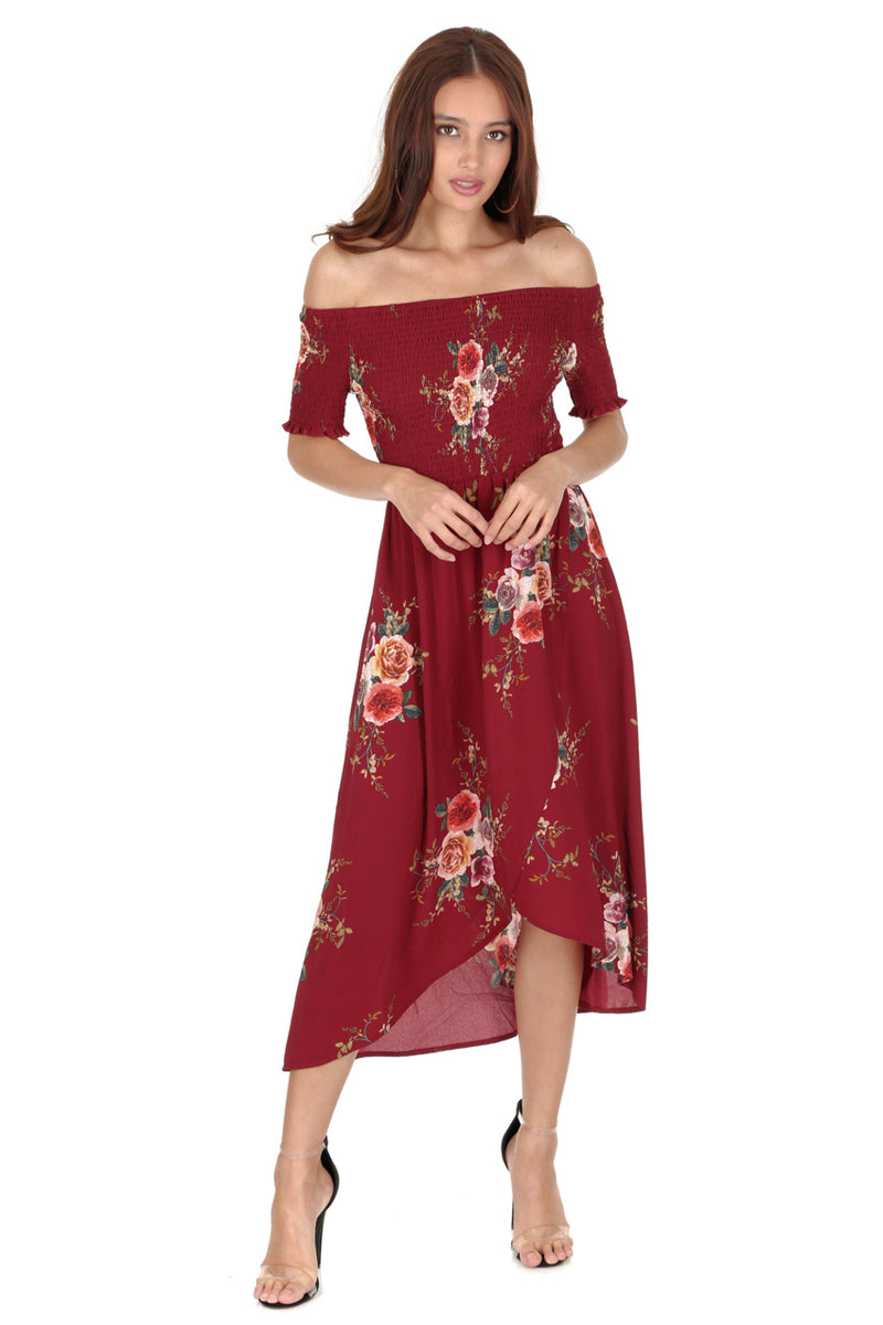 Rust Floral Bardot Printed Dress