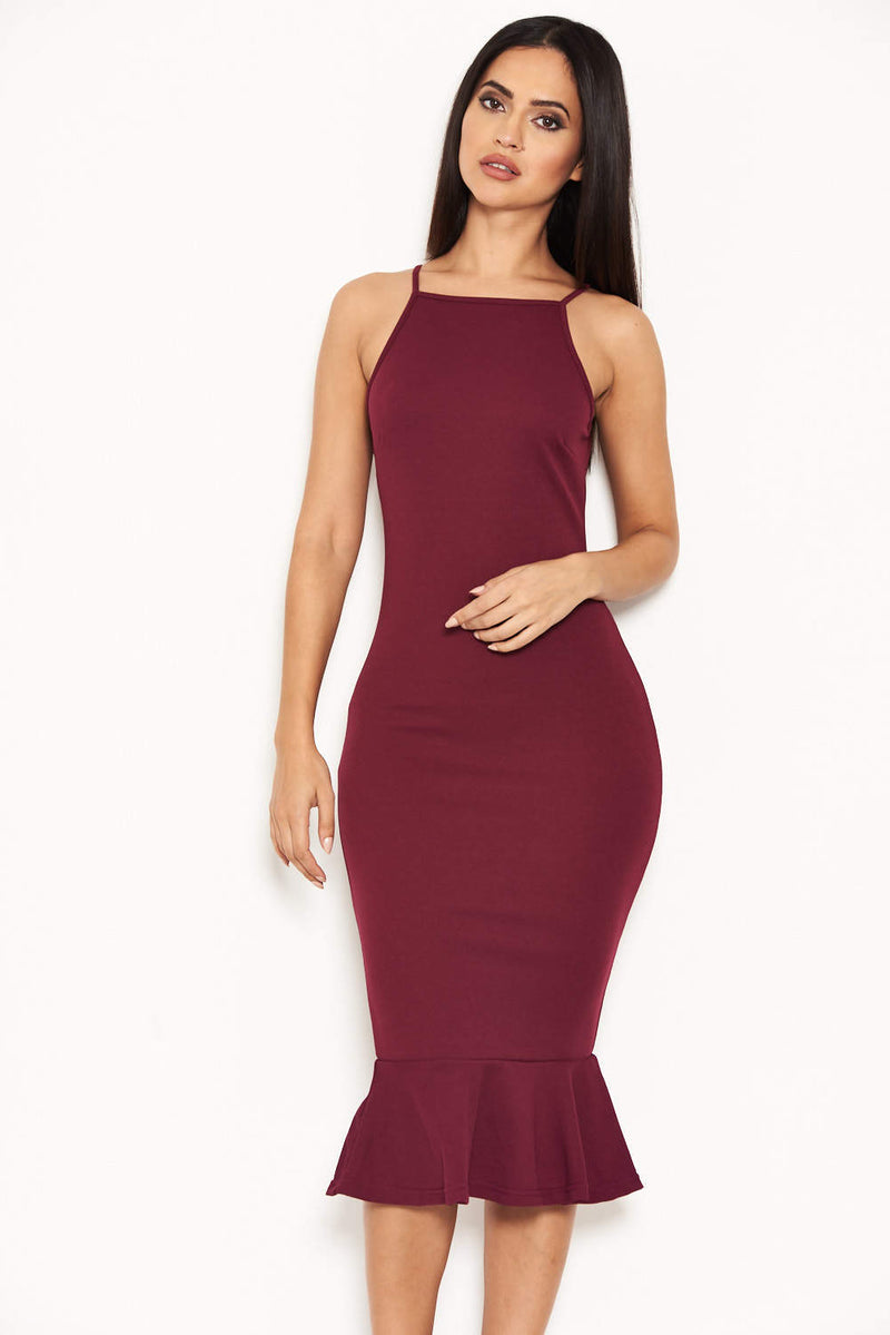 Plum Bodycon Midi Dress With Frill Hem AX Paris