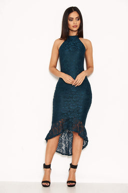 Teal Racer Neck Lace Fish Tail Dress