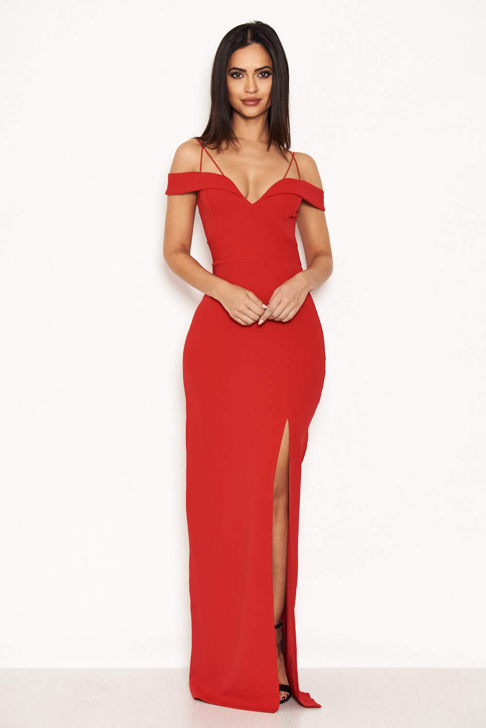 Red Strappy Off The Shoulder Side Split Maxi Dress – AX Paris