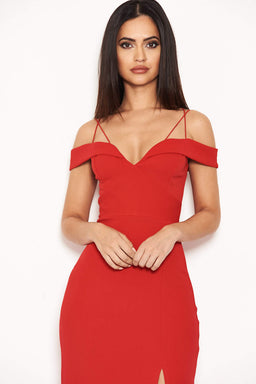 Red Strappy Off The Shoulder Side Split Maxi Dress