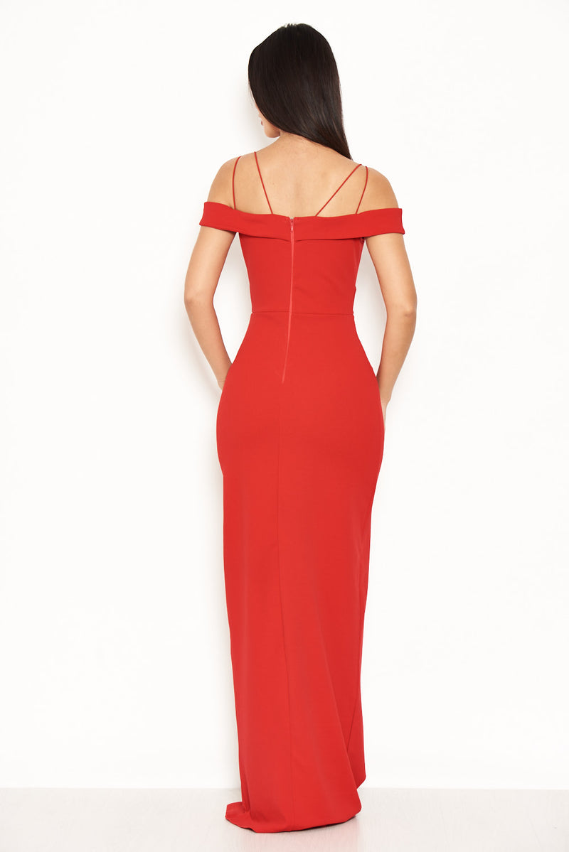 Red Strappy Off The Shoulder Side Split Maxi Dress