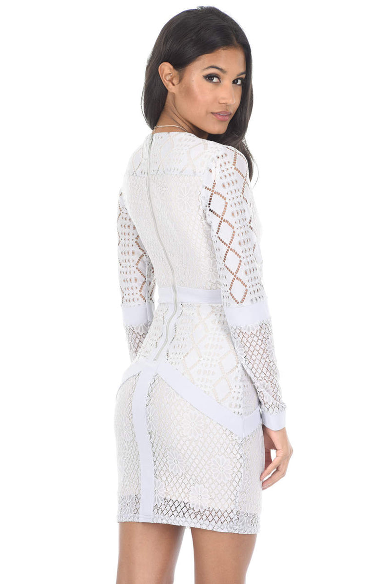 Silver Long Sleeved Mesh Detail Bodycon Dress